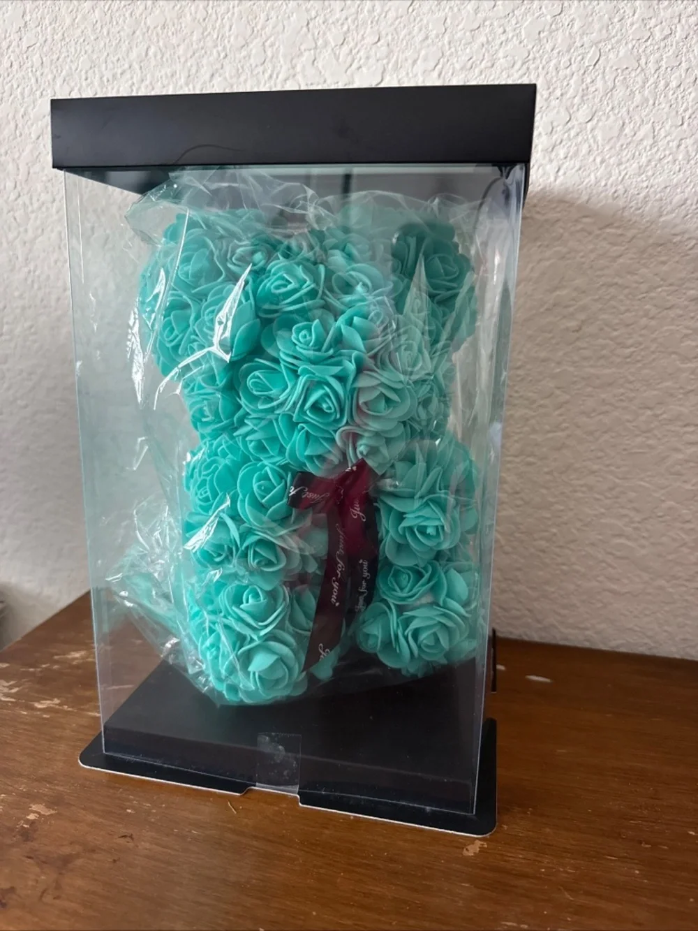Rose Teddy Bear Teal Blue Foam Flowers 10 inch Unique Gift for Her or Birthday